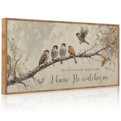 Aurlan His Eye Is On The Sparrow Framed Canvas Wall Art 40x20 Inch - color: His Eye is on the Sparrow, size: 40"L x 20"W