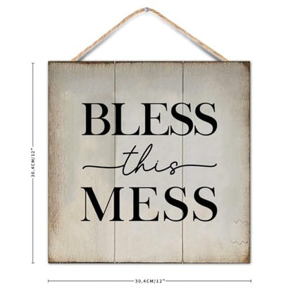 Bless This Mess Wood Plaque Funny Bible Verse Hanging Wooden Sign Custom Wooden Sign for Home Bedroom Living Room Wooden Poster 12x12 Inch Christian Religious Gifts - color: Log color-style-6