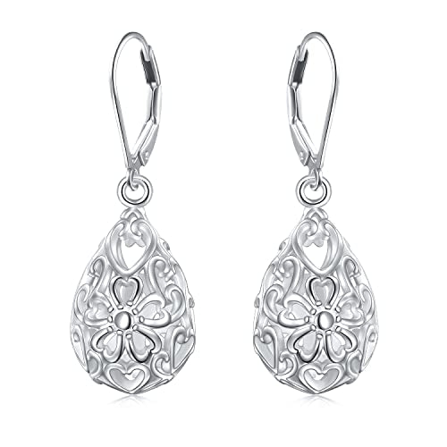 925 Sterling Silver Filigree Dangle Drop Leverback Teardrop Earrings - color: Cherry Blossoms Filigree