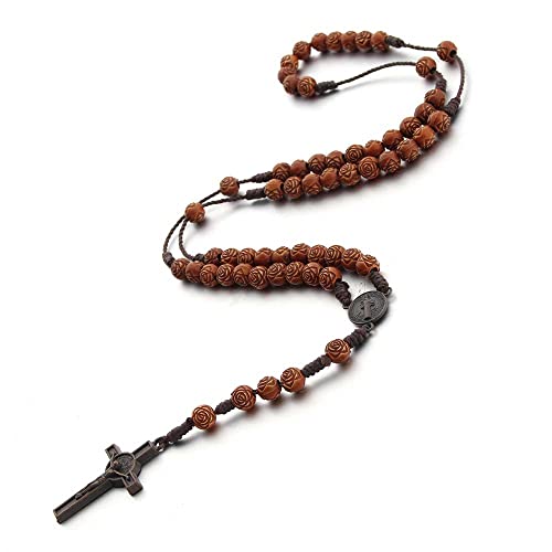 COLORFUL BLING Natural Wooden Catholic Rosaries Wood Crucifix Prayer Beads Pendant Necklace Prayer Jesus Religious Cross Rosary Necklace Handmade Jewelry - color: flower
