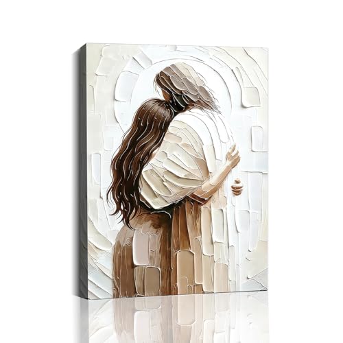 Christian Wall Art Framed Textured Jesus Canvas Embracing Woman 12x16 Inch - color: Jesus&Woman, size: 16"L x 12"W