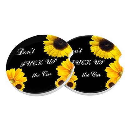 Car Coasters 2 Pack, Small 2.56" Stone Car Cupholder Absorbent Coaster Set for Women Men Drink Cup Holder Coasters (Sunflower&Funny Phrase) - color: Sunflower&funny Phrase