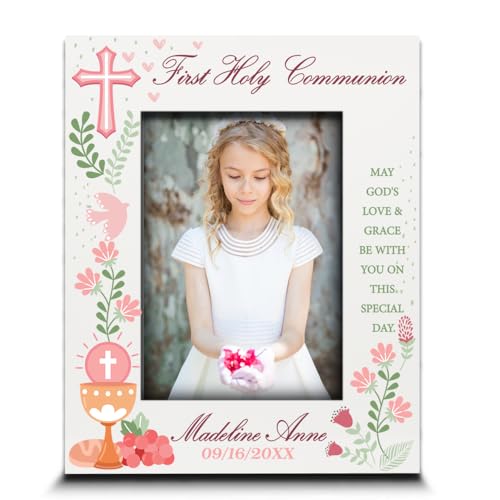 BELLA BUSTA-Personalize My First Holy Communion Theme Picture frame-Cross and Chalice, Religion, Christian Traditions Occasion-UV Print (5x7 Vertical (Girl)) - color: 5x7 Vertical (Girl)