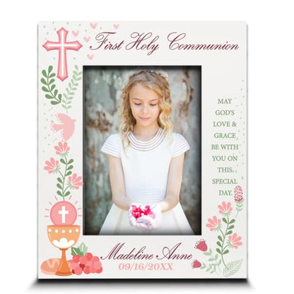 BELLA BUSTA-Personalize My First Holy Communion Theme Picture frame-Cross and Chalice, Religion, Christian Traditions Occasion-UV Print (5x7 Vertical (Girl)) - color: 5x7 Vertical (Girl)