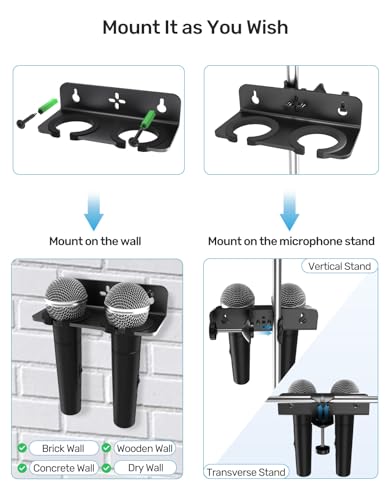 Multi Mic Holder with Clamp for Desk/Stand/Wall, Hold Up to 2 Handheld Mics