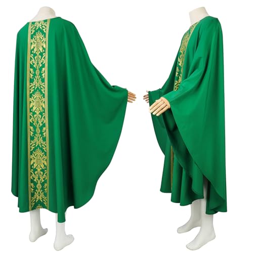 Priest Religious Robe Cosplay Costume Vestment Robe Mass Round Collar Chasuble Robe with Pastor - color: Green