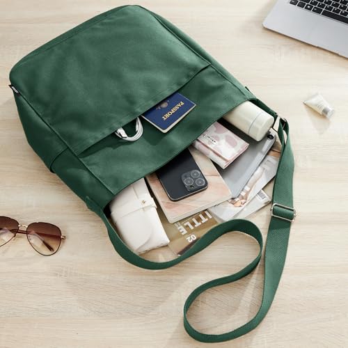 KALIDI Canvas Tote Bag Zipper Large Crossbody Shoulder Bag Messenger Bag - color: Alpine Green