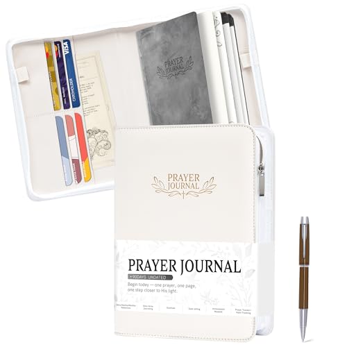 Ospelelf Leather Prayer Journal for Women with Zipper Closure, Portable Travel Size Bible Notebook with Storage Pockets, Undated 3 Months Devotional Diary for Christian Gift, Gratitude Prayer Book, White - color: white