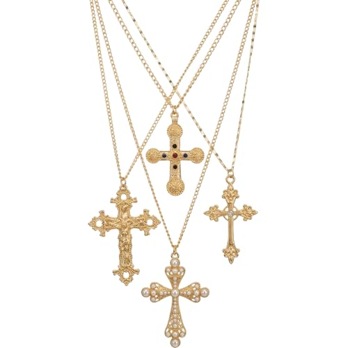 Layered Cross Necklace Silver Set for Women, 4-Piece Chunky Pearl Cross Stack Christian Necklaces, Adjustable Vintage Long Y Boho Gothic Statement Jewelry Gift - style: Gold 1-4Pcs