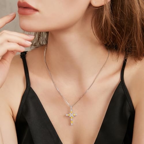 925 Sterling Silver Cross Necklace for Women，Birthday Delicate Star Cross Necklace Jewelry Gifts for Women，Birthstone Religious Jewelry for Mom, Chain 18 inch - color: K. 11. Yellow-November-Topaz