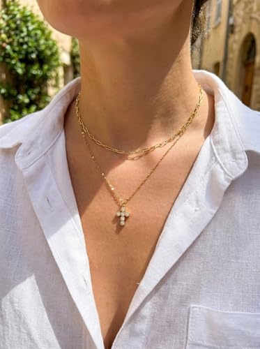 CONRAN KREMIX Waterproof Gold Layered Cross Necklace for Women Non Tarnish,14k Gold Plated Stainless Steel Dainty Cross Necklace Stack Necklaces Set for Women Christian Gifts Jewelry - color: Gold-Cross06