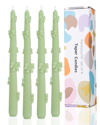 Green Taper Candle Candlestick Bow Soy Candles Unscented Wedding Party Wax Unscented Dinner Candle Dripless,10 inch,Set of 4,J1 - color: J1-Green