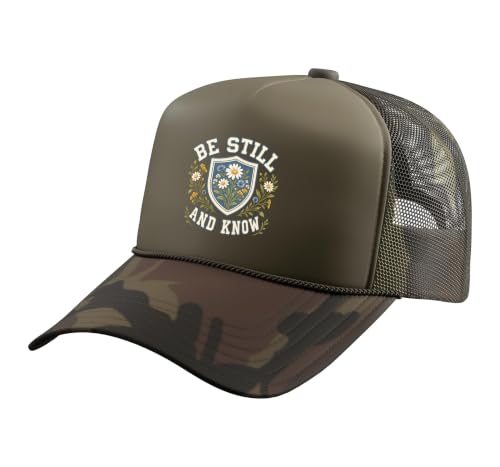 Be Still and Know for Women Christian Bible Verse Vintage Trucker Hat with Adjustable Mesh Back - color: Camo Green