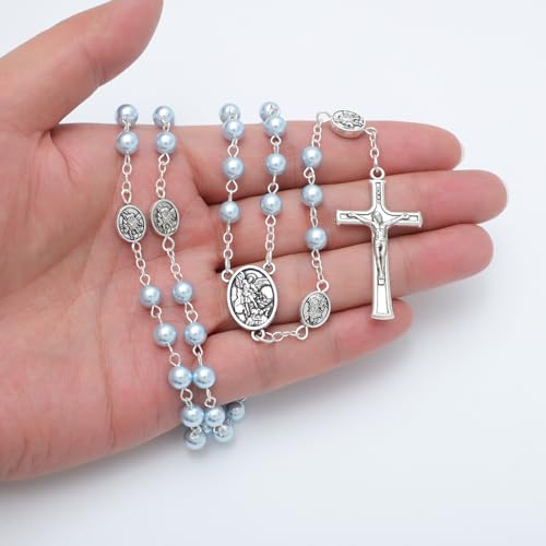 KOMI 6mm Glass Pearl Rosary Beads Catholic for Women with Metal Rosary Box Religious Gifts - style: St Michael-blue