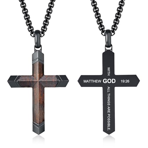 FLHEART Wooden Cross Bible Verse Necklace for Men, Hawaiian Handmade Real Black Ebony Wood Cross Pendant Stainless Steel Chain, Mens Cross Necklaces Koa Wood Jewelry Christian Baptism Easter Gifts - style: Matthew 19:26 - 1pc