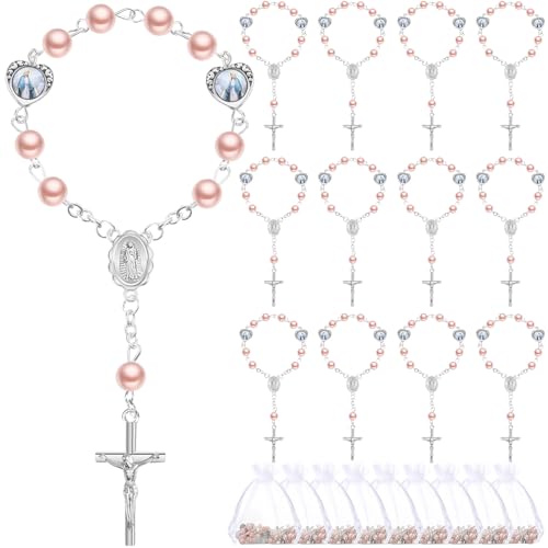 Misdary 30 Sets Baptism Mini Rosary with Organza Bags Faux Pearls Baptism Rosary Favors for Guests Catholic Finger for Christening Weddings Party Favors First Communion Gift(Pink) - color: Pink