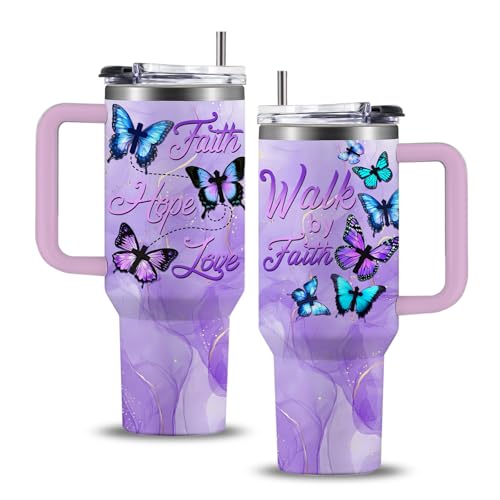 Butterfly 40oz Tumbler with Handle and Straw Lid Stainless Steel Insulated Coffee Travel Mug Cup Keeps Drinks Cold & Hot, Mothers Day Christian Birthday Gifts for Butterfly Women - color: Christian/Butterfly