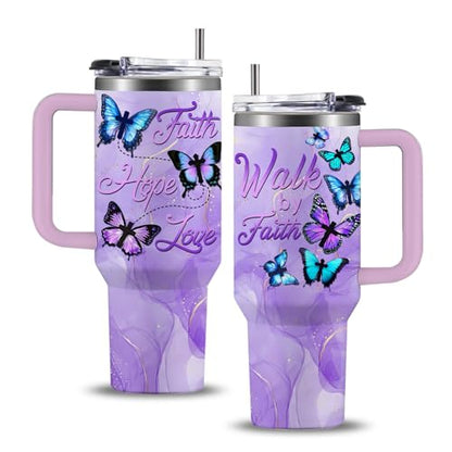 Butterfly 40oz Tumbler with Handle and Straw Lid Stainless Steel Insulated Coffee Travel Mug Cup Keeps Drinks Cold & Hot, Mothers Day Christian Birthday Gifts for Butterfly Women - color: Christian/Butterfly