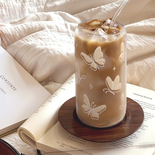 SANDJEST Butterfly Glass Can, Iced Coffee Aesthetic,Cup, Gifts for Christmas Birthday, Gift for Women Girls, 16oz - color: Butterfly
