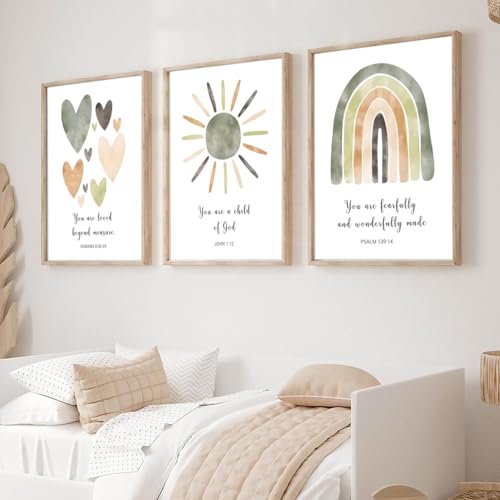 GlimArt Nursery Bible Verse Canvas Wall Art Poster Sage Green Rainbow Watercolors Art Print Poster Baby Christian Painting Pictures for Girl Baby Kids Room Decor 16x20 Inch Unframed Set of 3 - color: Green Nursery Art Prints, size: 16x20 Inch