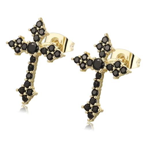 Cross Stud Earrings for Men Women S925 Silver Post CZ Sparkle - color: Black and Gold