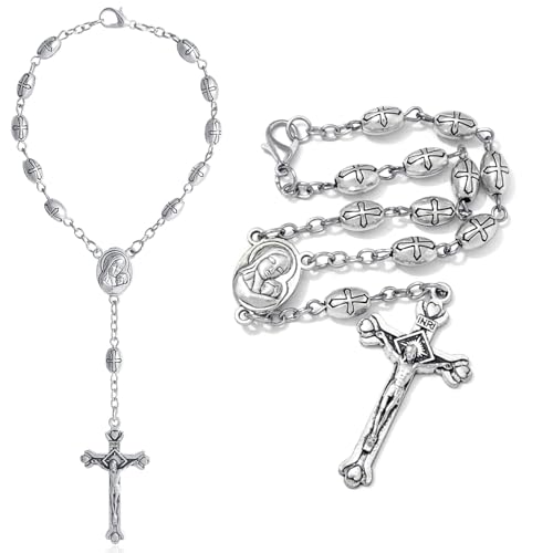 KOMI 2 PCS One Decade Catholic Rosary for Car or Truck Rearview Mirror, Auto Metal Beads Rosary with Mary Medal and Crucifix Cross, Auto Hanging Accessory with Clasp - size: 2 pieces Metal