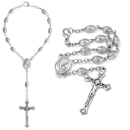 KOMI 2 PCS One Decade Catholic Rosary for Car or Truck Rearview Mirror, Auto Metal Beads Rosary with Mary Medal and Crucifix Cross, Auto Hanging Accessory with Clasp - size: 2 pieces Metal