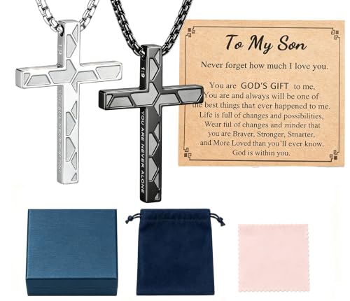 Cross Necklace for Boys Men, 2 PCS Soccer Cross Necklace Gift Set, 316L Stainless Steel Bible Verse Christian Jewelry Gifts for Boys Teens Men Soccer Players with Message Card, Gift Box, Black & Silver