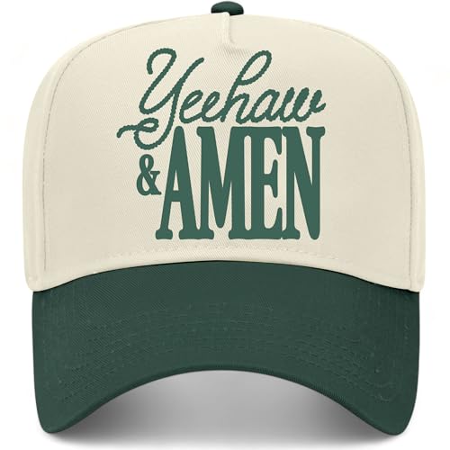 Yeehaw & Amen Hat | Premium Adjustable Christian Snapback Baseball Vintage Trucker Hats for Men & Women - color: Green/Natural