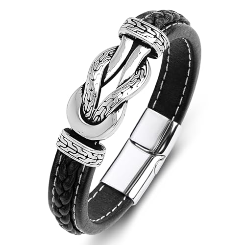 Men's Braided Leather Bracelet Wristband Cuff Bracelet for Men Gifts Stainless Steel Clasp - color: Black