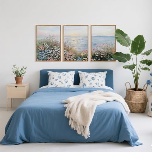 CHDITB Coastal Wildflower Framed Wall Art, Minimalist Beach Wall Decor, Nature Seaside Flower Painting, Modern Neutral Botanical Artwork Floral Ocean Art Prints For Living Room Bedroom Decor 12”X16”X3 - color: Wildflower