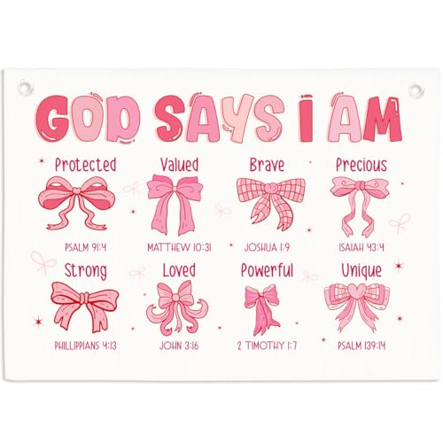 God Says I Am Coquette Pink Bow Linen Hanging Banner, Bible Verse Christian Wall Decor for Girls Bedroom - color: Multicolor 03