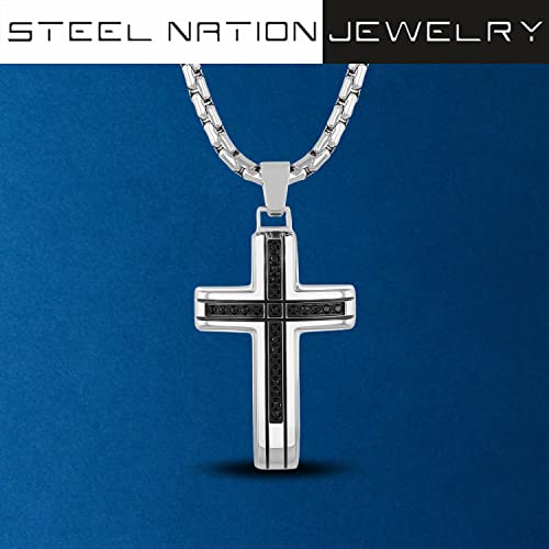 Steel Nation Men’s .25 CTW Black Diamond Cross Stainless Steel 24" Necklace