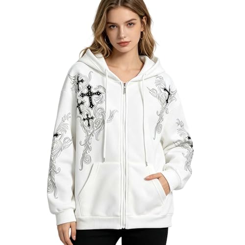 Zip Up Oversized Hoodies Women Men, Graphic Gothic Jackets Cross Hoodie, Baggy Streetwear Fleece Sweater Unisex - color: White, size: Small