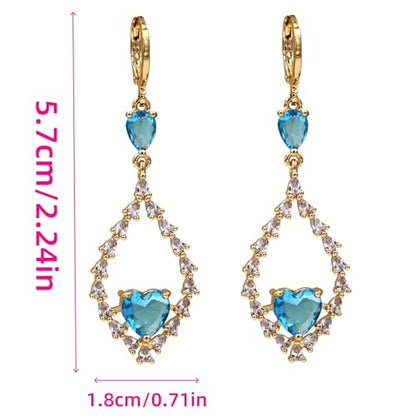 18K Gold Plated, Dangle Earrings for Women, Flower/Heart Drop earrings, Hypoallergenic Cubic Zirconia Earrings, Lightweight, Party, gold earrings, Jewelry for Gifts, Fashion - style: 7508-Blue