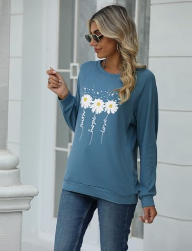 EADINVE Women Daisy Print Sweatshirts Crewneck Long Sleeve Pullover Tops - color: Dust Blue, size: Medium