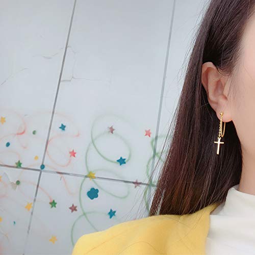 Cross Dangle Drop Earrings 925 Sterling Silver Chain Dropping for Women Girls Punk Ball Studs Hypoallergenic Jewelry - style: Gold Plated