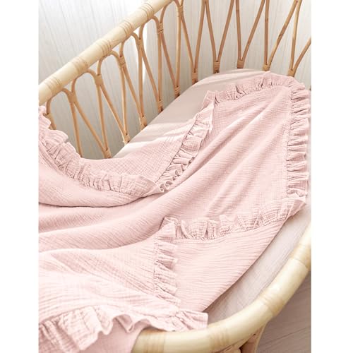 Konssy 100% Cotton Muslin Baby Blanket with Ruffle Trim for Girls, 43"x39" - color: Baby Pink