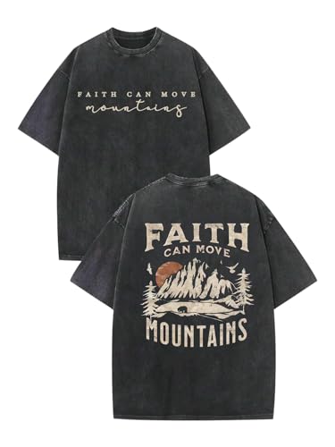 Men's Graphic Shirt Faith Can Move Mountains Shirt Oversized Camping Hiking Tees Acid Wash Casual T-Shirt - color: A Black, size: Large