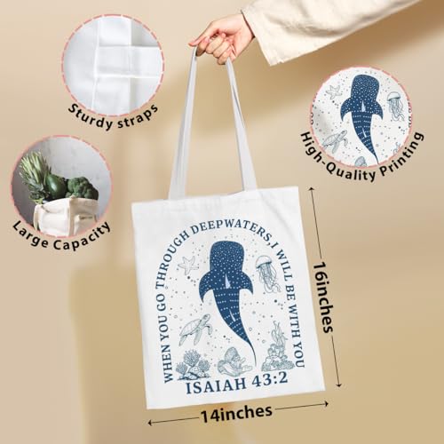 VICBOU Bible Verse Canvas Tote Bag Religious Christian Gifts for Women Men Faith Canvas Tote Reusable Grocery Bag - color: Whale01