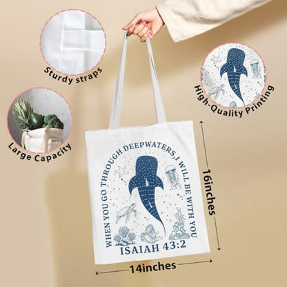 VICBOU Bible Verse Canvas Tote Bag Religious Christian Gifts for Women Men Faith Canvas Tote Reusable Grocery Bag - color: Whale01