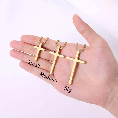 Fiusem Cross Necklace for Men, 2.5mm Rope Chain with Pendant - size: 28 Inch, style: Small gold cross: 1.2" * 0.73"