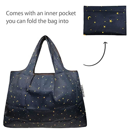 allydrew Large Foldable Tote Nylon Reusable Grocery Bags - color: Set of 2, Moon & Stars, size: Large & Small (Set of 2)