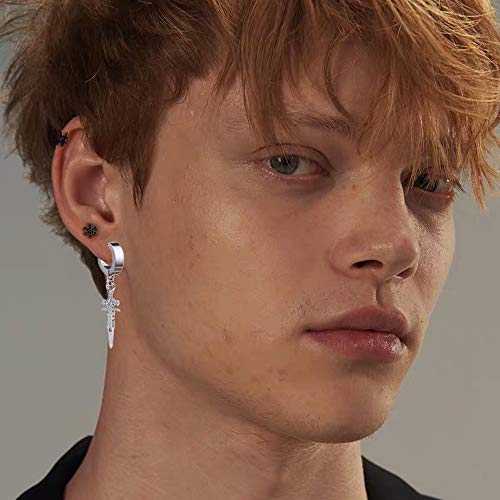 Unisex Punk Hip Hop Stainless Steel Silver Black Gold Tone Lock Thunder Lightning Bolt Dangle Huggie Hoop Earrings Gift for Women Men Boy Teens - color: Silver-Cross Sword