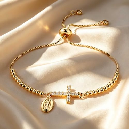HZMAN 14K Gold Plated Cross Bracelet for Women, Brass Adjustable Bolo Bracelet with CZ, Religious Saint Benedict/Virgin Mary/Jude Pendant Jewelry Gift - color: Virgin Mary