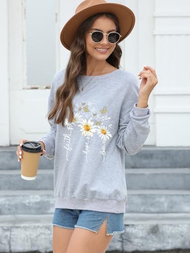 Women’s Christian Sweatshirts,Faith Hope Love Daisy Print Crewneck Long Sleeve Casual Loose Fit Sweatshirt - color: # Light Grey, size: Small