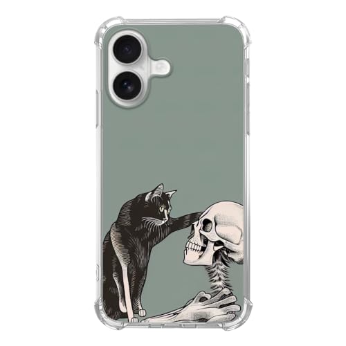Cat and Skull Phone Case Compatible with iPhone 17, Hippie Creepy Black Cat and Skeleton Phone Cover for iPhone 17 - color: Cat and Skull