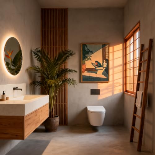Framed Funny Frog Bathroom Wall Art, Cute Japanese Frog In Toilet Reading Newspaper Pictures Wall Decor Whimsical Green Animal Japan Restroom Poster Canvas Painting Prints Artwork-12×16in - color: Japanese Frog, size: 16"L x 12"W