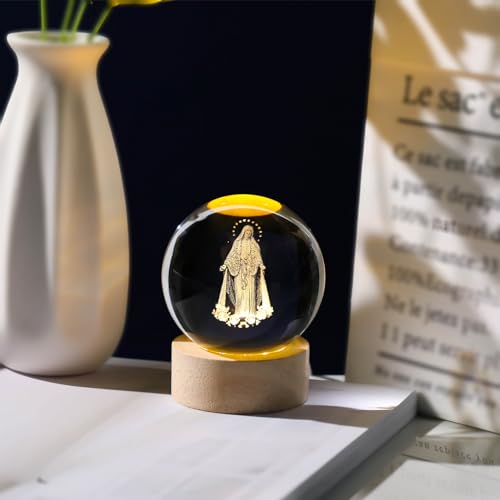 Arikyrist 3D Crystal Virgin Mary Statue Figurine with Wooden Base, Laser Etched Crystal Our Lady of Guadalupe Glass Sphere Statue, 3D Crystal Ball Mother Mary Christian Catholic Religious Easter Gifts - color: 3d Mary#1