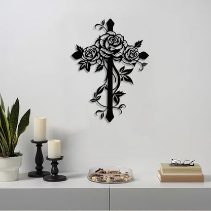 Kercan Metal Cross Wall Decor with Roses, Black Floral Wall Art, Christian Religious Home Decor for Living Room Bedroom, 12.5 x 9.4 Inch - style: Single